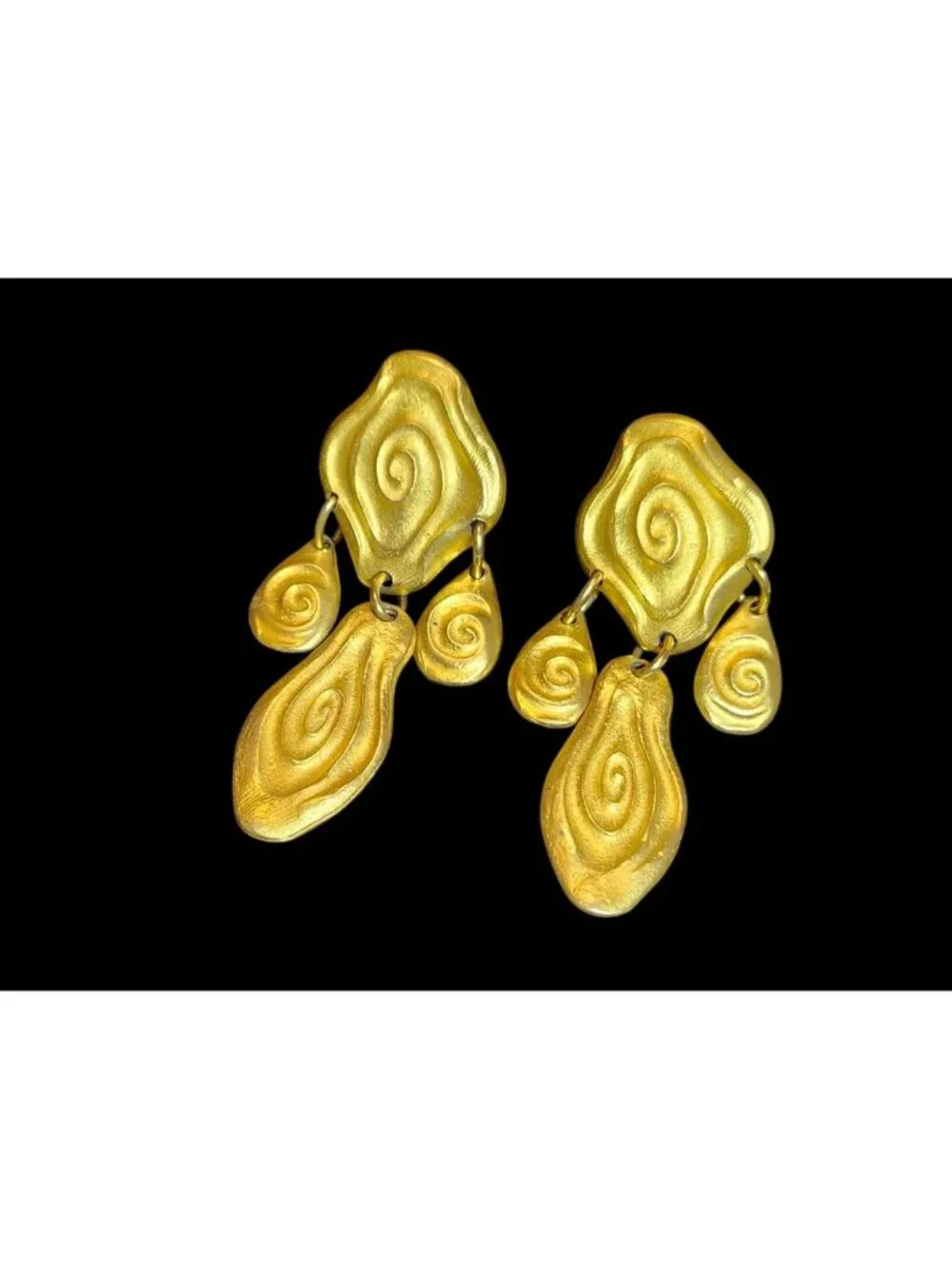 Heavy Brushed Gold Tone Dangle Earrings Swirl Pattern - 1980s Runway Style Bold